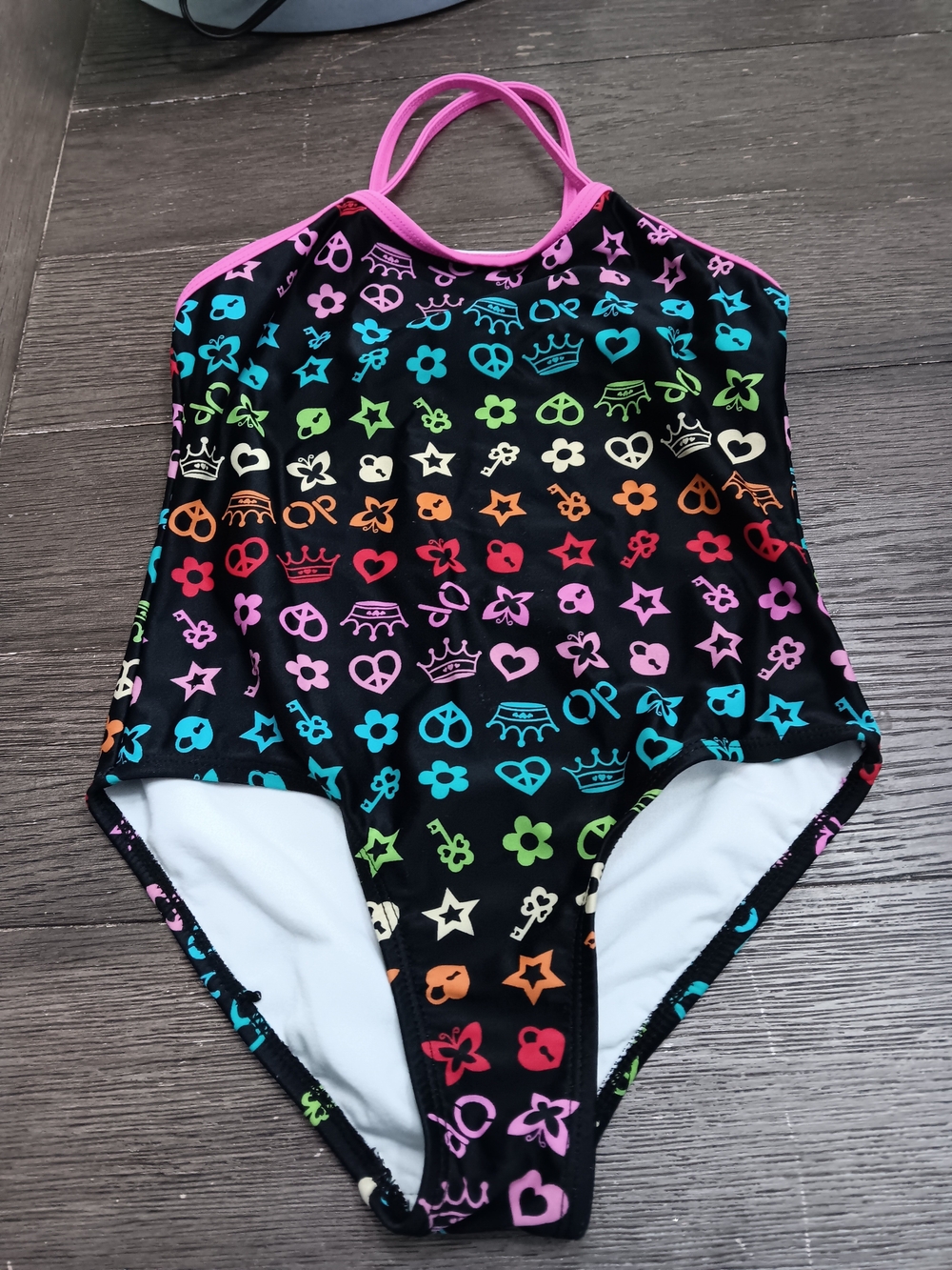 OP Black One-Piece Swim with Neon Rainbow Icons and Pink Trim